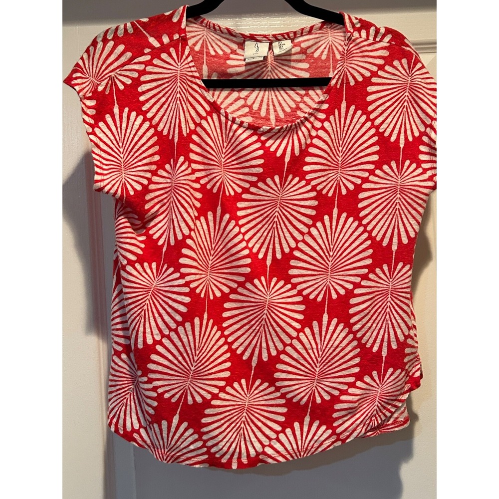 Joie Women's Size L Red White Leaf Print 100% Linen Short Sleeves Beachy Coastal